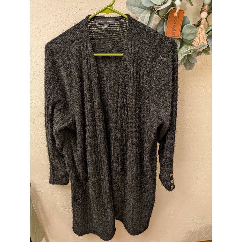 Lane Bryant Charcoal Grey Fuzzy Knit Open Front Cardigan Sweater Plus Size 18/20